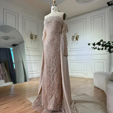 Vestido de noche de sirena con perlas color nude, estilo árabe, con sobrefalda, ideal para ocasiones formales (LA72160B) 