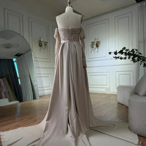 Vestido de noche de sirena con perlas color nude, estilo árabe, con sobrefalda, ideal para ocasiones formales (LA72160B) 