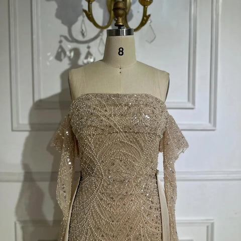 Vestido de noche de sirena con perlas color nude, estilo árabe, con sobrefalda, ideal para ocasiones formales (LA72160B) 
