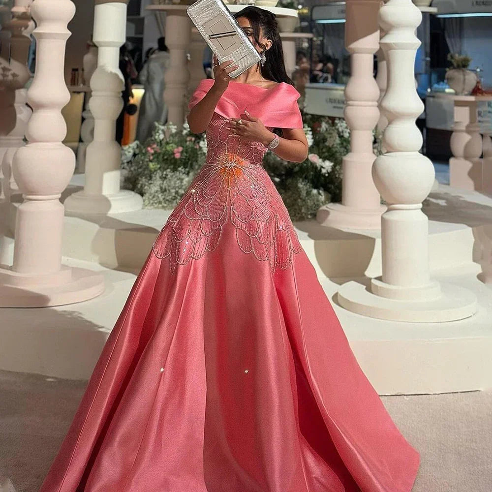 Vestido de noche saudí de satén rosa árabe corte A con cuentas para ocasiones formales LA72195A 