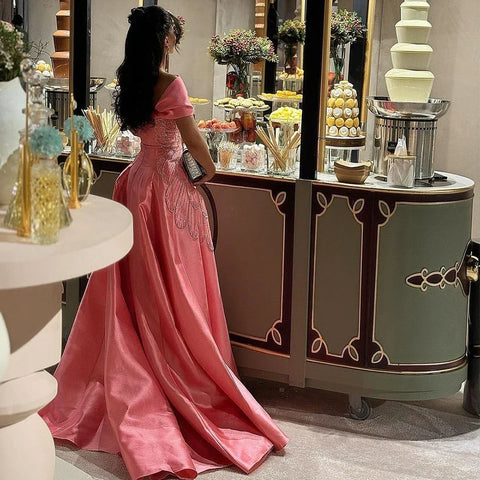 Vestido de noche saudí de satén rosa árabe corte A con cuentas para ocasiones formales LA72195A 