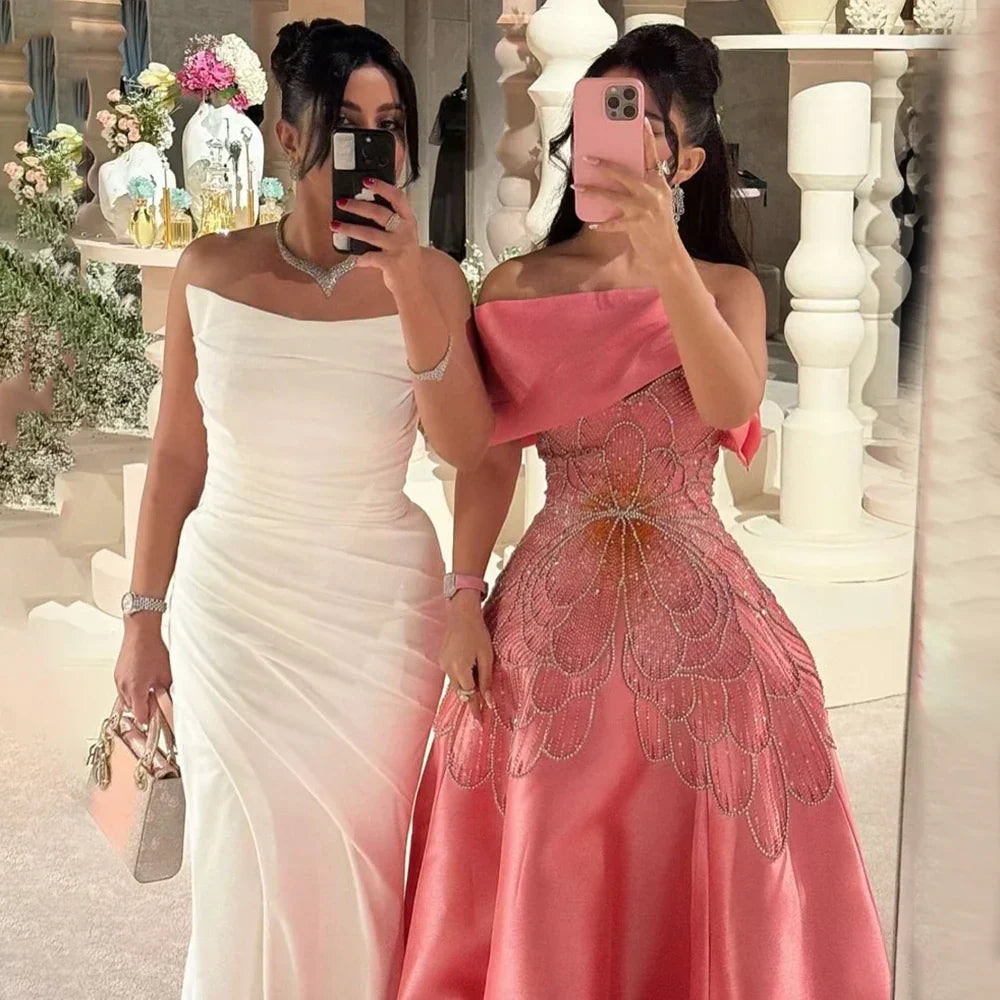 Vestido de noche saudí de satén rosa árabe corte A con cuentas para ocasiones formales LA72195A 