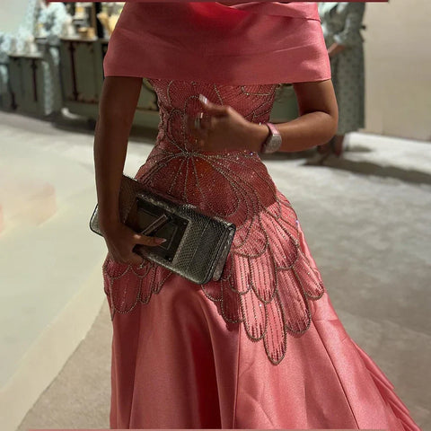 Vestido de noche saudí de satén rosa árabe corte A con cuentas para ocasiones formales LA72195A 
