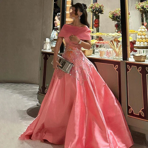 Vestido de noche saudí de satén rosa árabe corte A con cuentas para ocasiones formales LA72195A 