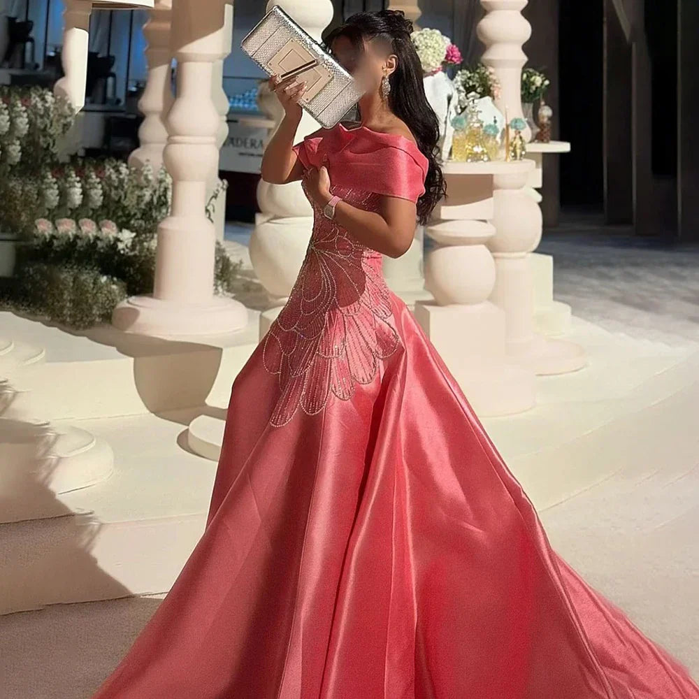 Vestido de noche saudí de satén rosa árabe corte A con cuentas para ocasiones formales LA72195A 