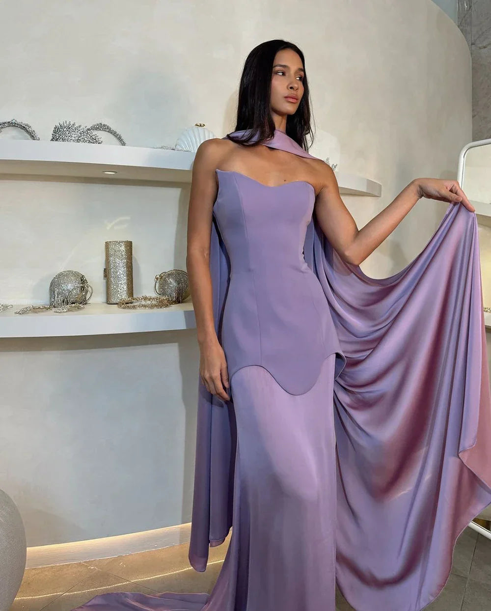 Vestidos de noche de satén color púrpura árabe estilo sirena con capa larga para ocasiones formales LA72813 