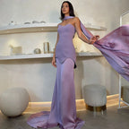 Vestidos de noche de satén color púrpura árabe estilo sirena con capa larga para ocasiones formales LA72813 