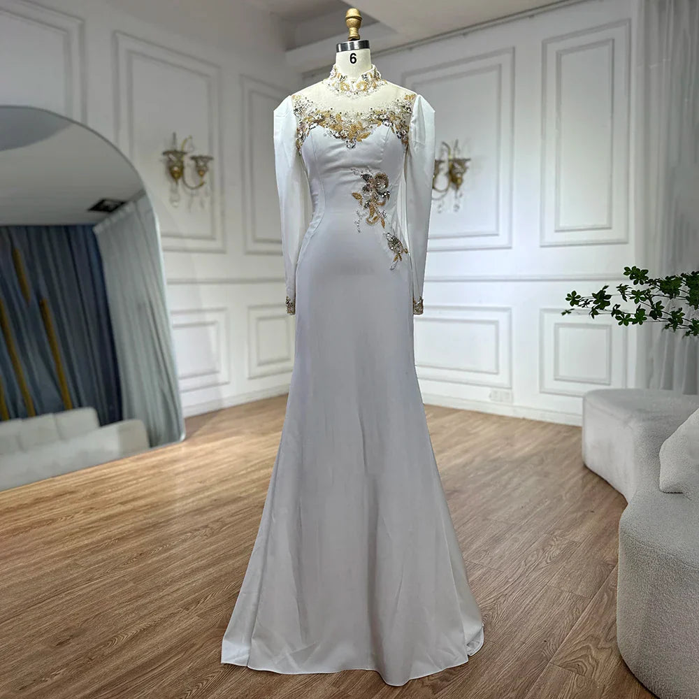 Vestidos de noche estilo sirena, corte árabe, de satén blanco con cuentas, estilo saudí, para ocasiones formales (LA72815)