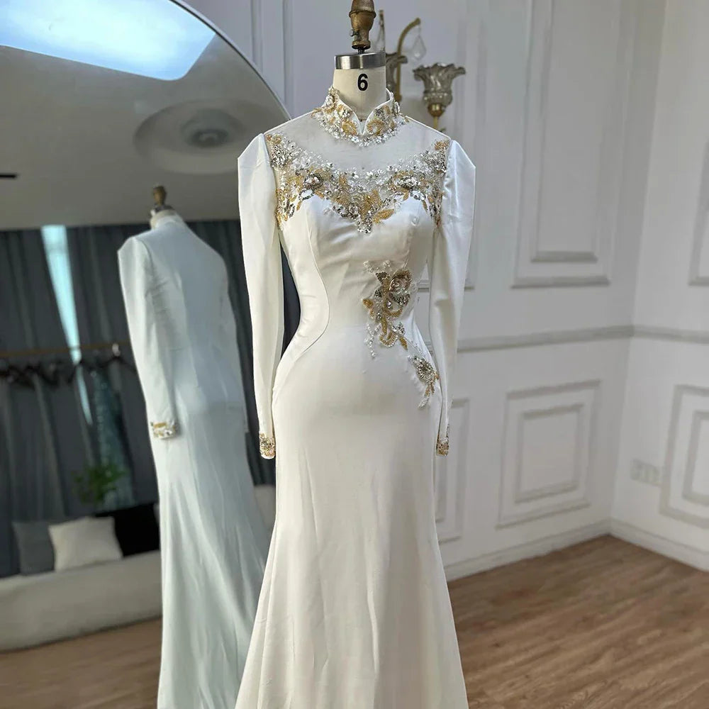 Vestidos de noche estilo sirena, corte árabe, de satén blanco con cuentas, estilo saudí, para ocasiones formales (LA72815)