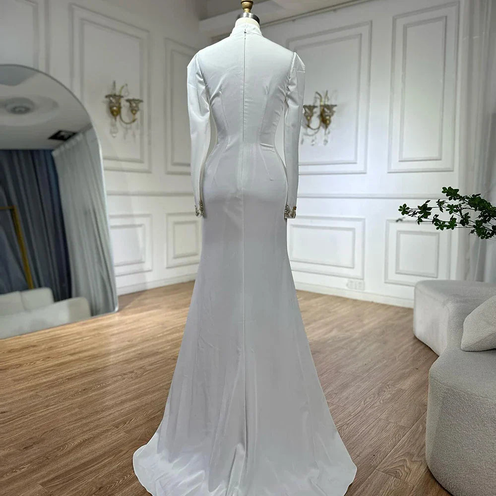 Vestidos de noche estilo sirena, corte árabe, de satén blanco con cuentas, estilo saudí, para ocasiones formales (LA72815)