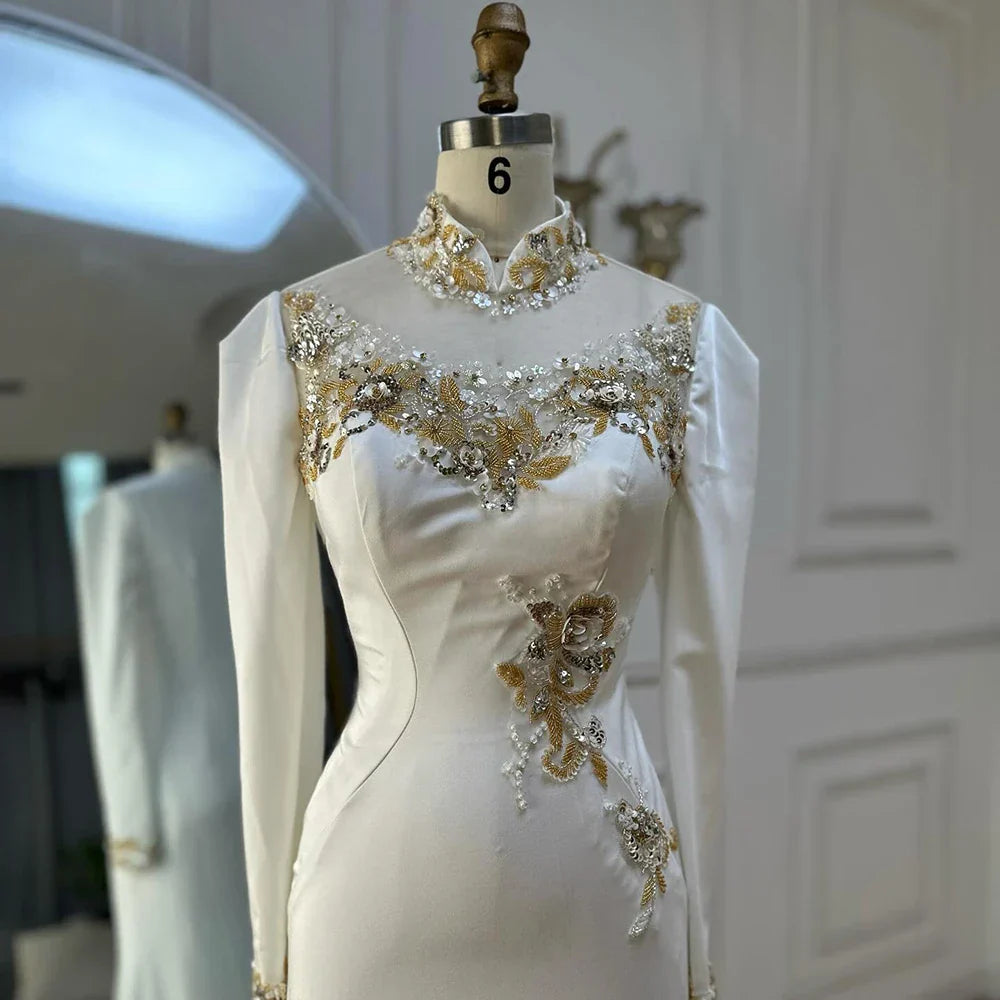 Vestidos de noche estilo sirena, corte árabe, de satén blanco con cuentas, estilo saudí, para ocasiones formales (LA72815)