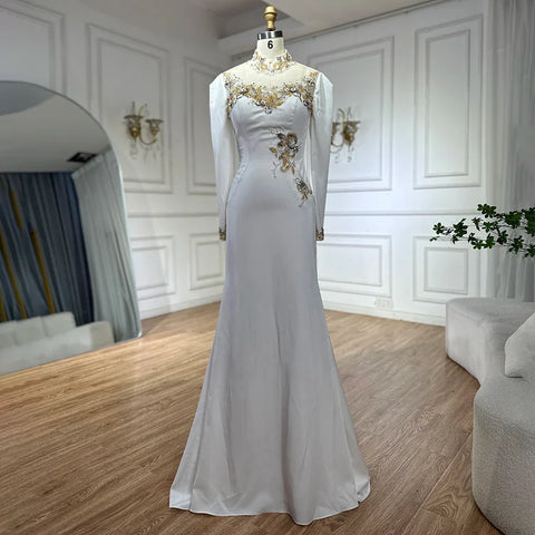 Robe de soirée sirène en satin blanc perlé, style arabe saoudien, pour une occasion spéciale, LA72815