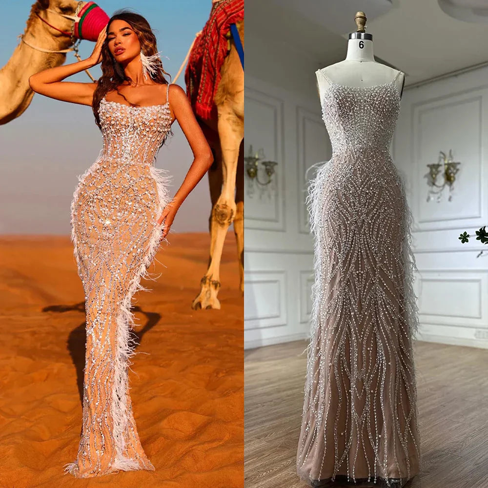 Vestido de noche de sirena con tirantes finos, plumas y cuentas, color blanco nude, estilo árabe, ideal para ocasiones formales (LA72823) 