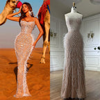 Vestido de noche de sirena con tirantes finos, plumas y cuentas, color blanco nude, estilo árabe, ideal para ocasiones formales (LA72823) 