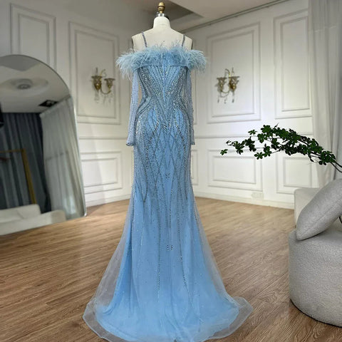 Vestidos de noche de sirena de lujo con plumas azules y cuentas para mujer, ideales para ocasiones formales (LA72836)