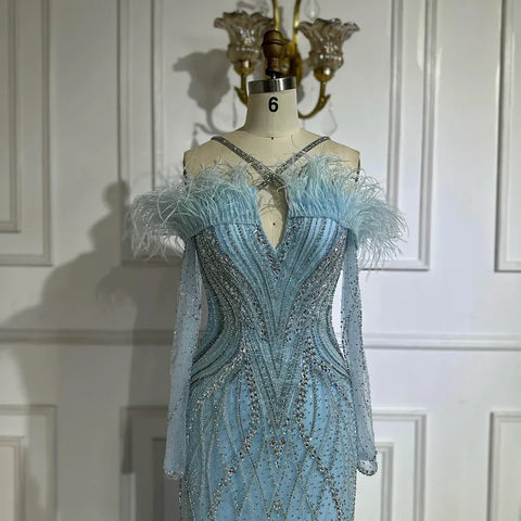 Vestidos de noche de sirena de lujo con plumas azules y cuentas para mujer, ideales para ocasiones formales (LA72836)