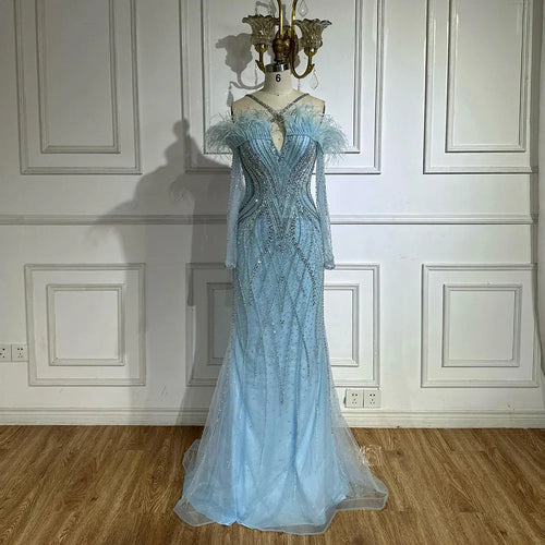 2025 Blue Feather Beaded Luxury Mermaid Evening Dresses Gowns for Women Formal Occasion LA72836
