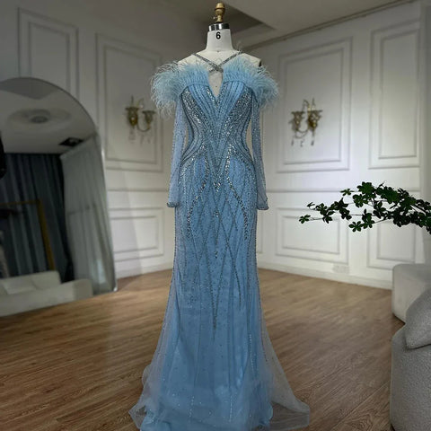 Vestidos de noche de sirena de lujo con plumas azules y cuentas para mujer, ideales para ocasiones formales (LA72836)