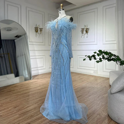 Vestidos de noche de sirena de lujo con plumas azules y cuentas para mujer, ideales para ocasiones formales (LA72836)