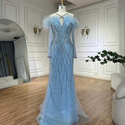 Vestidos de noche de sirena de lujo con plumas azules y cuentas para mujer, ideales para ocasiones formales (LA72836)