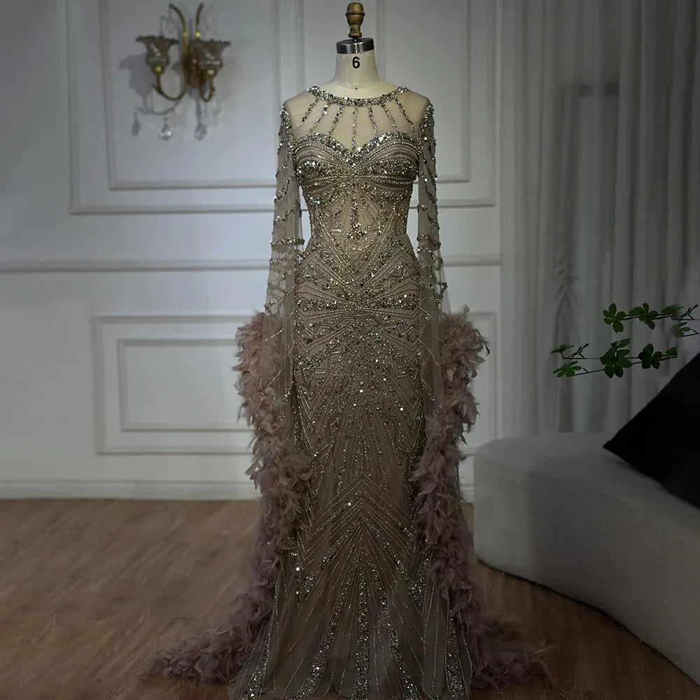 Luxury Mermaid Evening Dress with Feather Cape Sleeves LA72708A