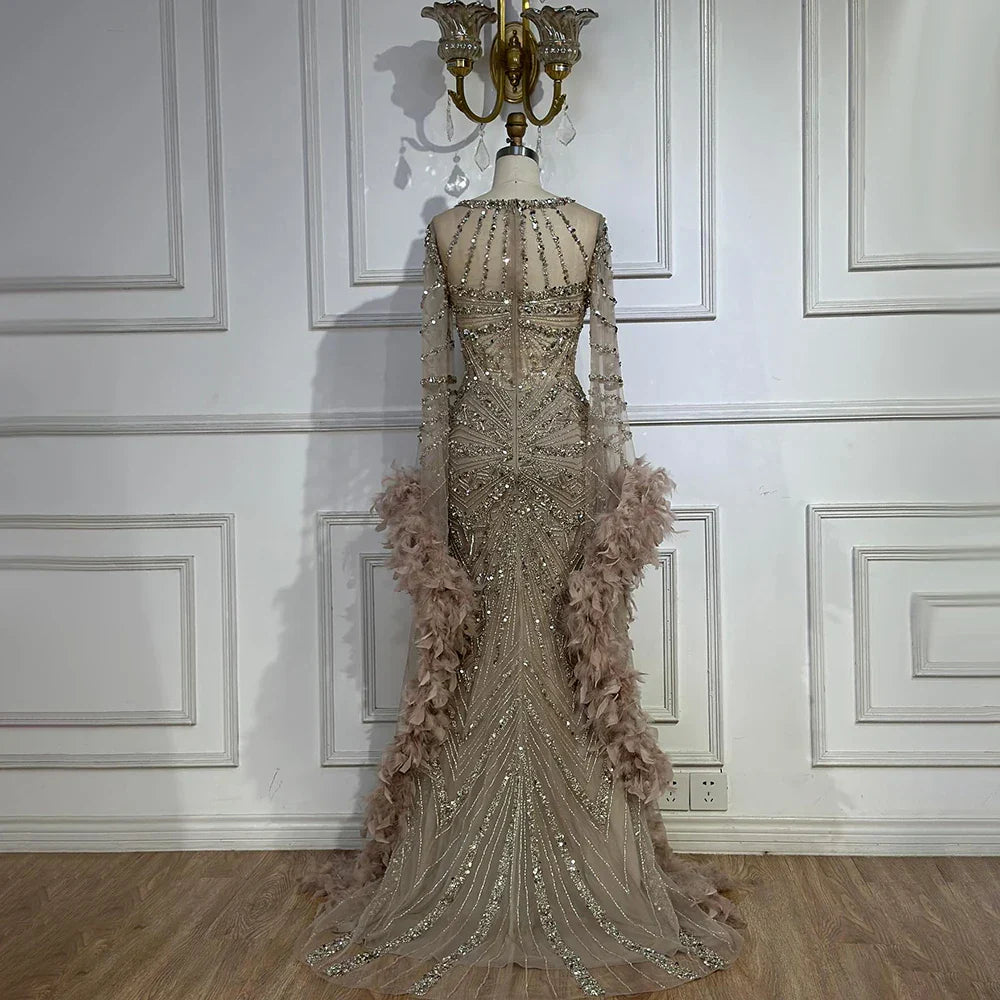 Luxury Mermaid Evening Dress with Feather Cape Sleeves LA72708A