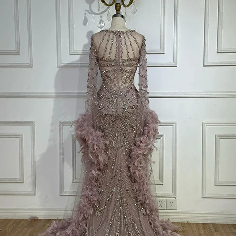 Luxury Mermaid Evening Dress with Feather Cape Sleeves LA72708A
