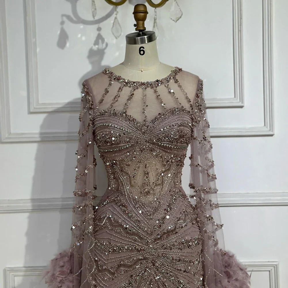 Luxury Mermaid Evening Dress with Feather Cape Sleeves LA72708A