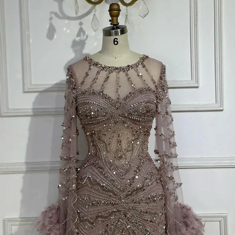 Luxury Mermaid Evening Dress with Feather Cape Sleeves LA72708A