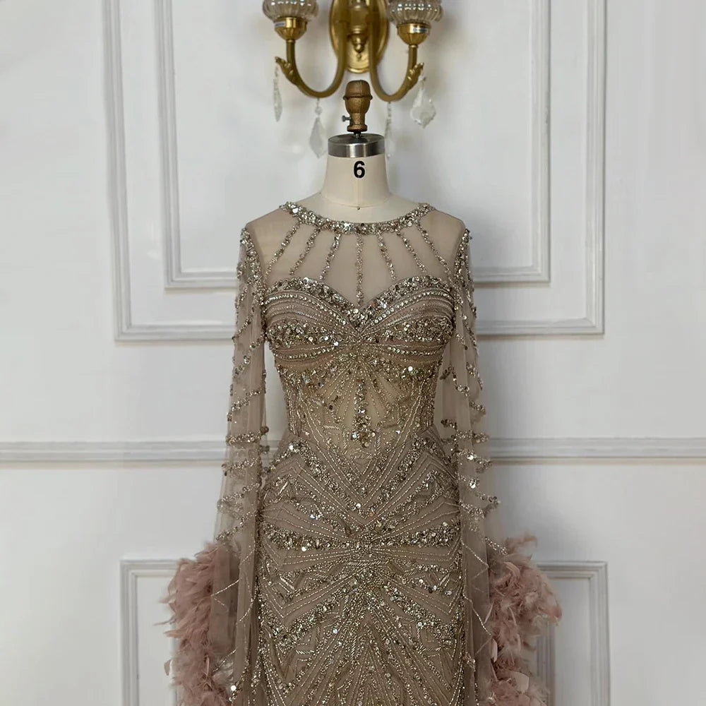 Luxury Mermaid Evening Dress with Feather Cape Sleeves LA72708A