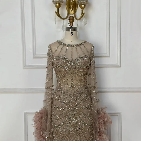 Luxury Mermaid Evening Dress with Feather Cape Sleeves LA72708A