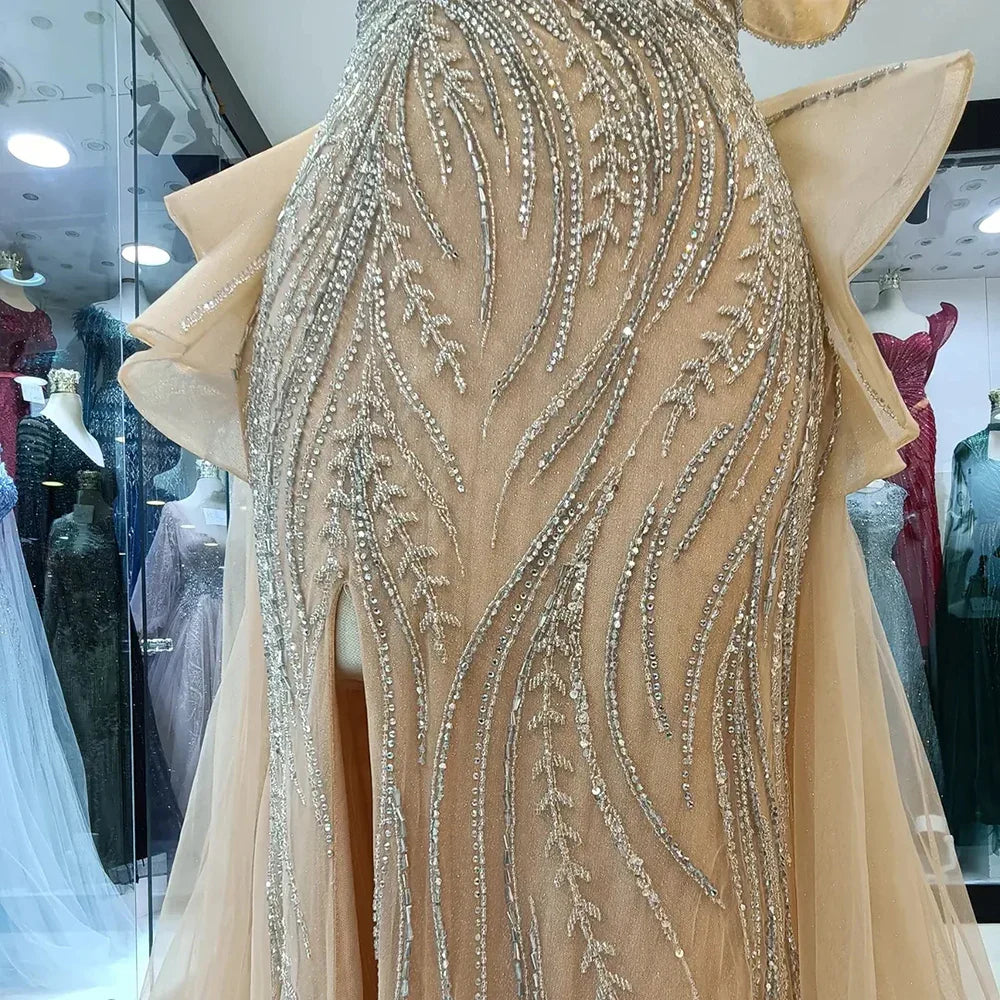 Vestido de noche de sirena color caramelo con cuentas, sobrefalda y elegante abertura para ocasiones formales LA72890 