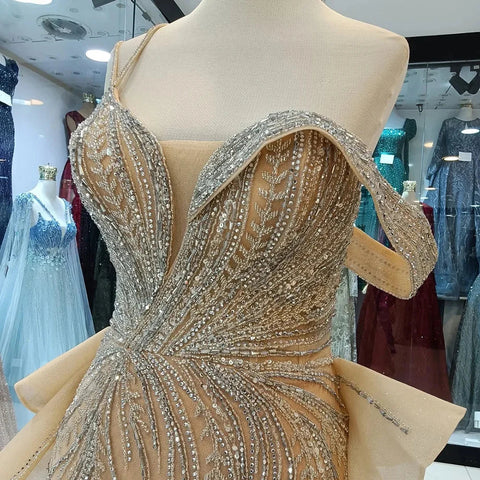 Vestido de noche de sirena color caramelo con cuentas, sobrefalda y elegante abertura para ocasiones formales LA72890 