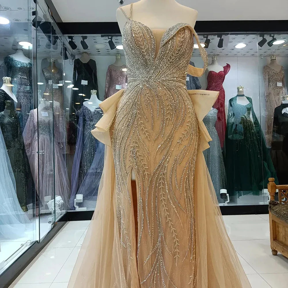 Vestido de noche de sirena color caramelo con cuentas, sobrefalda y elegante abertura para ocasiones formales LA72890 