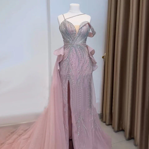 Vestido de noche de sirena color caramelo con cuentas, sobrefalda y elegante abertura para ocasiones formales LA72890 