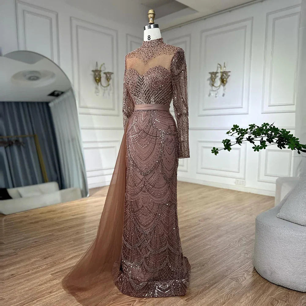 Vestido de noche árabe de sirena color caramelo con cuentas y sobrefalda lateral para ocasiones formales LA71913A (2025) 