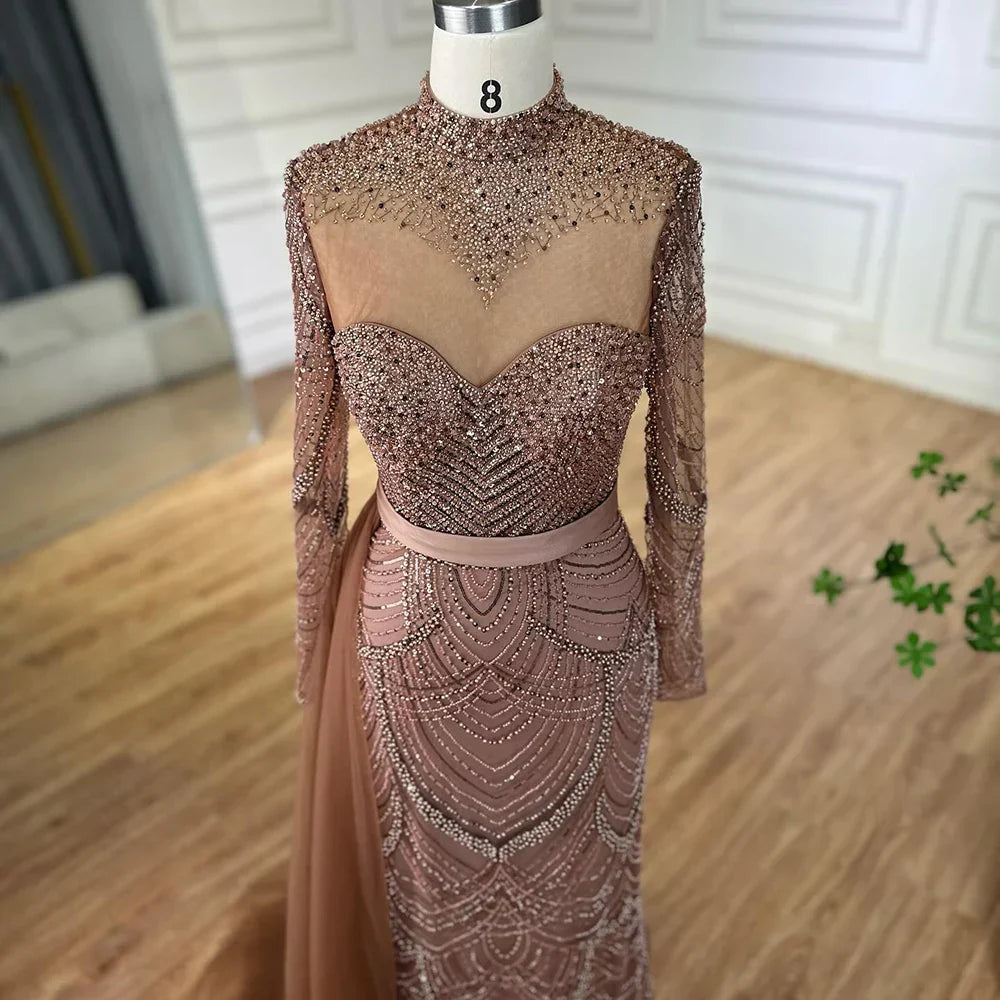 Vestido de noche árabe de sirena color caramelo con cuentas y sobrefalda lateral para ocasiones formales LA71913A (2025) 