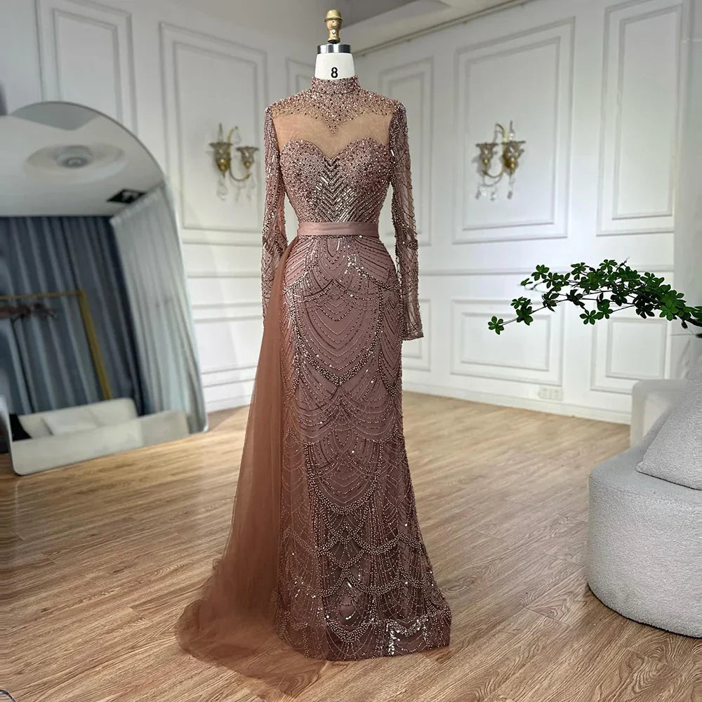 Vestido de noche árabe de sirena color caramelo con cuentas y sobrefalda lateral para ocasiones formales LA71913A (2025) 
