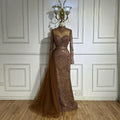 Vestido de noche árabe de sirena color caramelo con cuentas y sobrefalda lateral para ocasiones formales LA71913A (2025) 