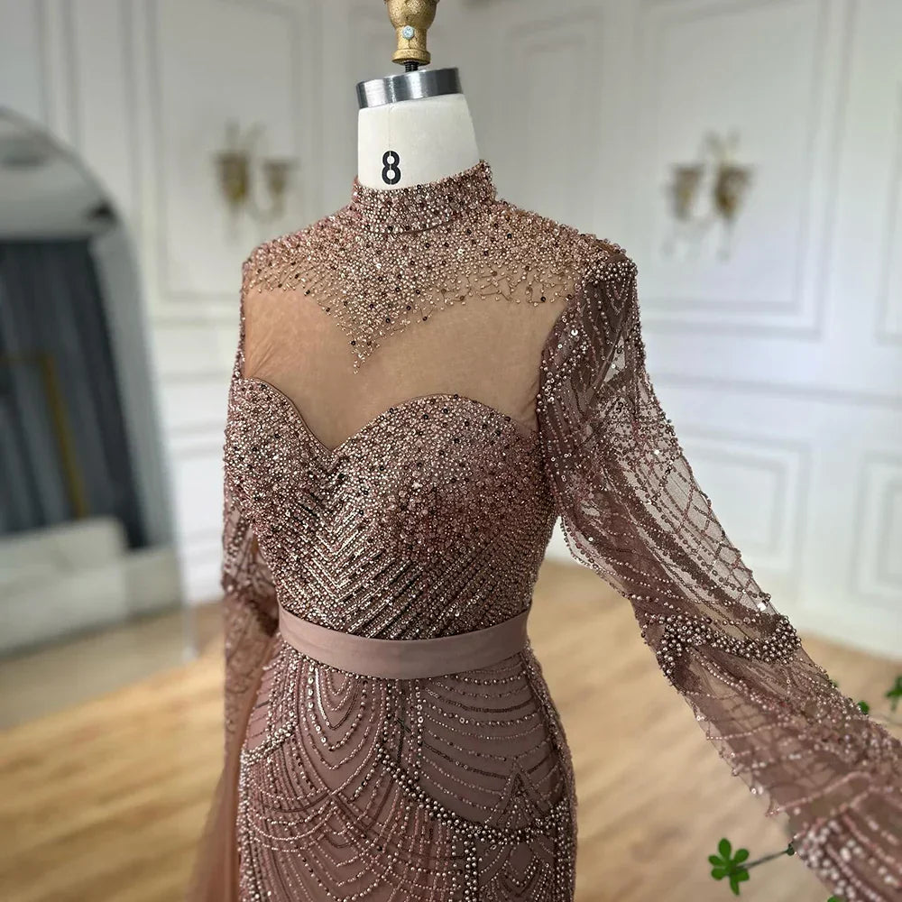 Vestido de noche árabe de sirena color caramelo con cuentas y sobrefalda lateral para ocasiones formales LA71913A (2025) 