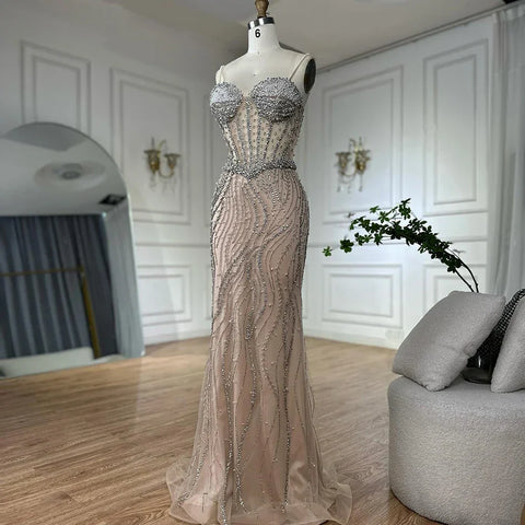 Robe de soirée sirène élégante à bretelles spaghetti et perles, idéale pour une occasion spéciale, modèle LA72865, 2025 