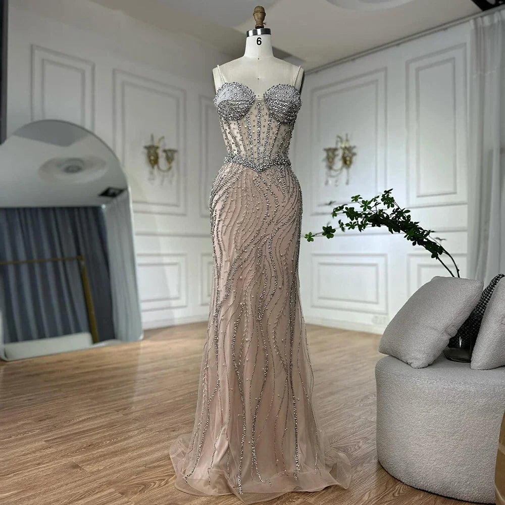Vestido de noche de sirena elegante con tirantes finos y perlas para ocasiones formales LA72865 (2025) 