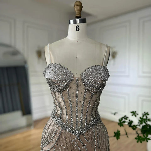 Robe de soirée sirène élégante à bretelles spaghetti et perles, idéale pour une occasion spéciale, modèle LA72865, 2025 