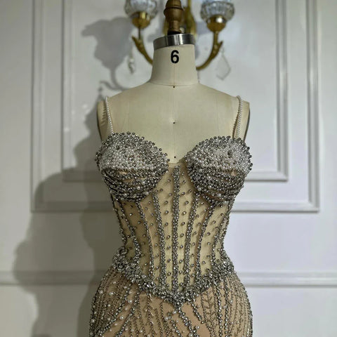 Robe de soirée sirène élégante à bretelles spaghetti et perles, idéale pour une occasion spéciale, modèle LA72865, 2025 
