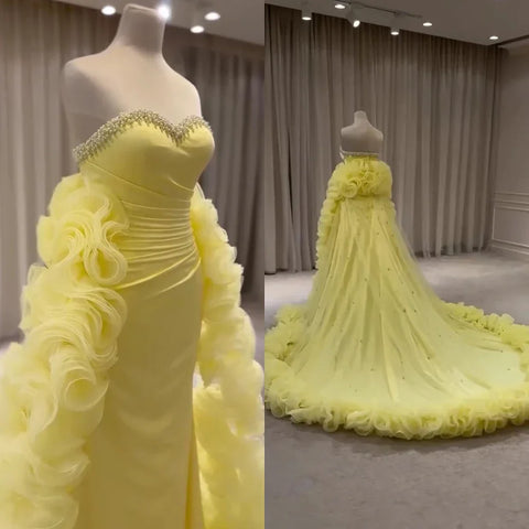 2025 Evening Gown for Formal Occasion Elegant Yellow Dress with Ruffles and Beaded Details LA72889