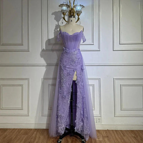 2025 Lilac Off Shoulder Corset Beaded High Slit Tulle Saudi Evening Gown for Formal Occasion LA72874