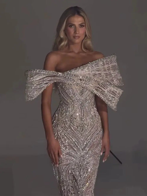 2025 Luxury Off Shoulder Silver Beaded Mermaid Saudi Evening Dress Gown for Formal Occasion LA72878