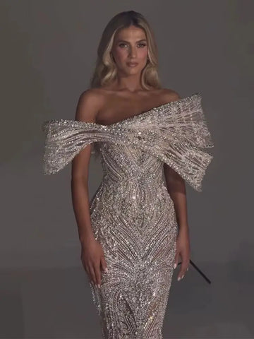 2025 Luxury Off Shoulder Silver Beaded Mermaid Saudi Evening Dress Gown for Formal Occasion LA72878