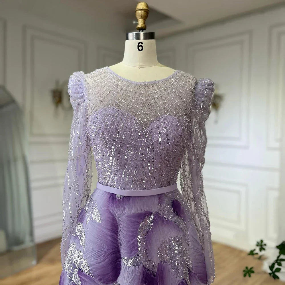 Vestido de noche elegante de corte A con cuentas color lila para ocasiones formales (modelo LA72847) 