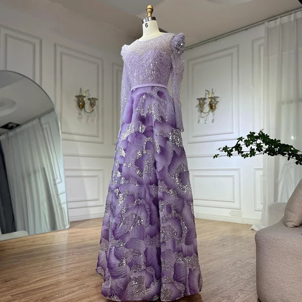 Vestido de noche elegante de corte A con cuentas color lila para ocasiones formales (modelo LA72847) 